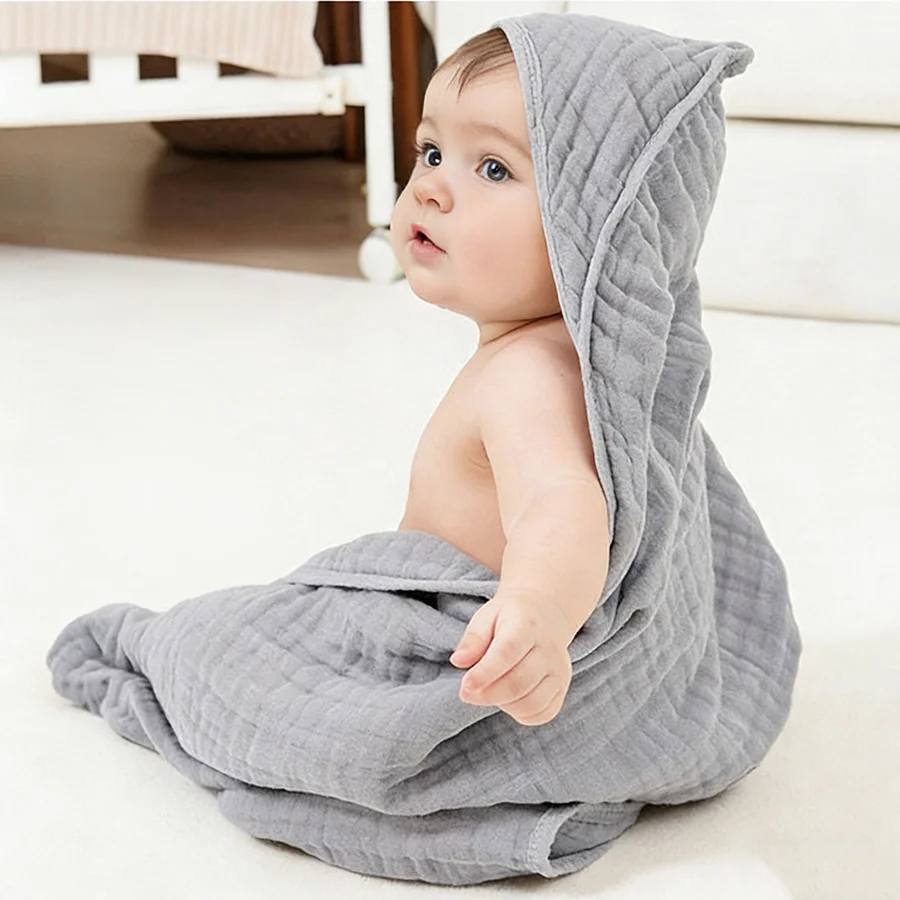 Muslin Hooded Baby Towels, 100% Cotton, Ultra-Soft & Absorbent Baby Bath Towels with Hood for Newborn & Infant view 2