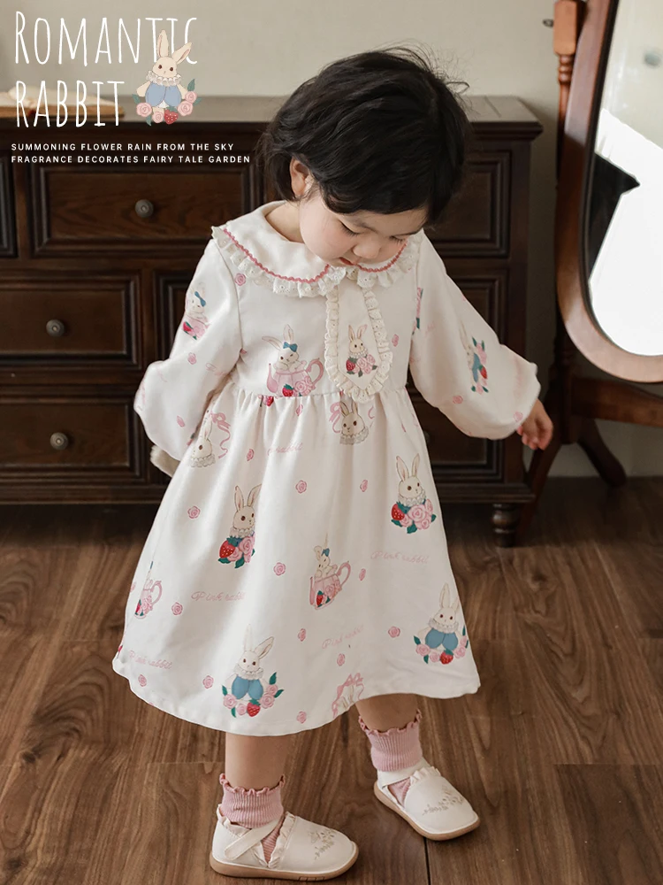 Girls\' Clothes Children\'s Fashion High Waist Dress Autumn Bow Coat Baby Cute Printing Sets Fashion