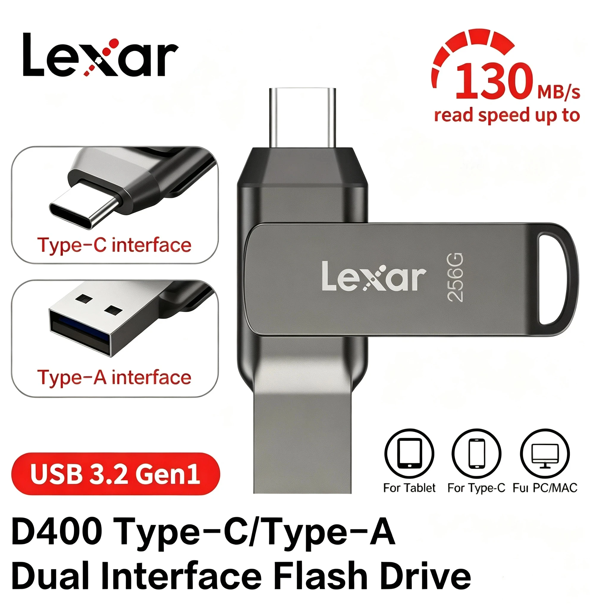 Lexar JumpDrive D400 USB 3.2 Type-C Flash Drive 2-in-1 Metal Pendrive Memory Stick USB Stick for Phone Tablet 32GB 64GB 128GB