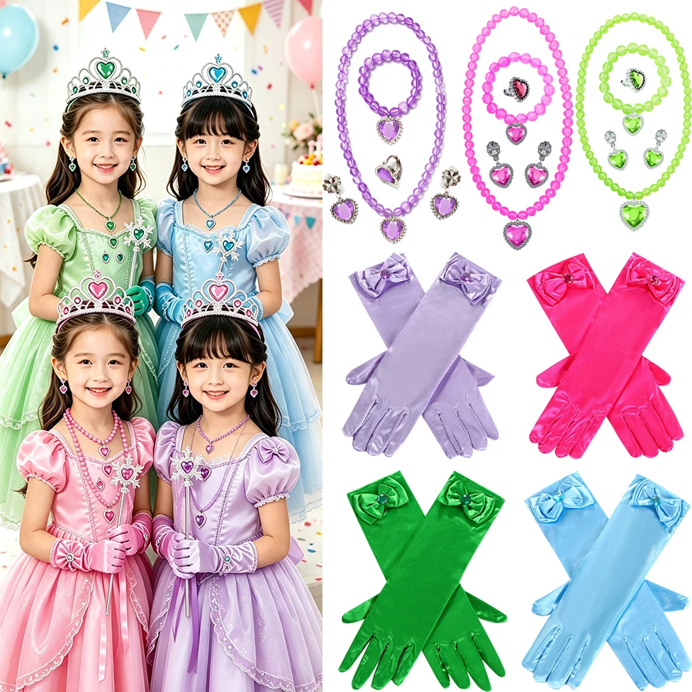 Set de Accesorios de Princesa en 4 Colores: Azul, Morado, Verde y Rosa Rojo, Corona, Varita, Guantes y Collar, Disfraces para Fiestas de Cumpleaños y Halloween para Niños