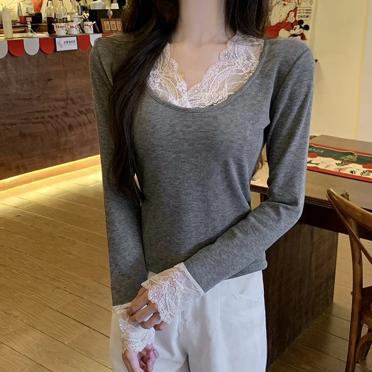 2026 Herbst Winter Damen T-Shirt Spitze Schlankes Basis-T-Shirt Elegantes Vielseitiges Strick-Layering-Oberteil mit Langen Ärmeln für Damen Neu eingetroffenes T-Shirt – Detail 22