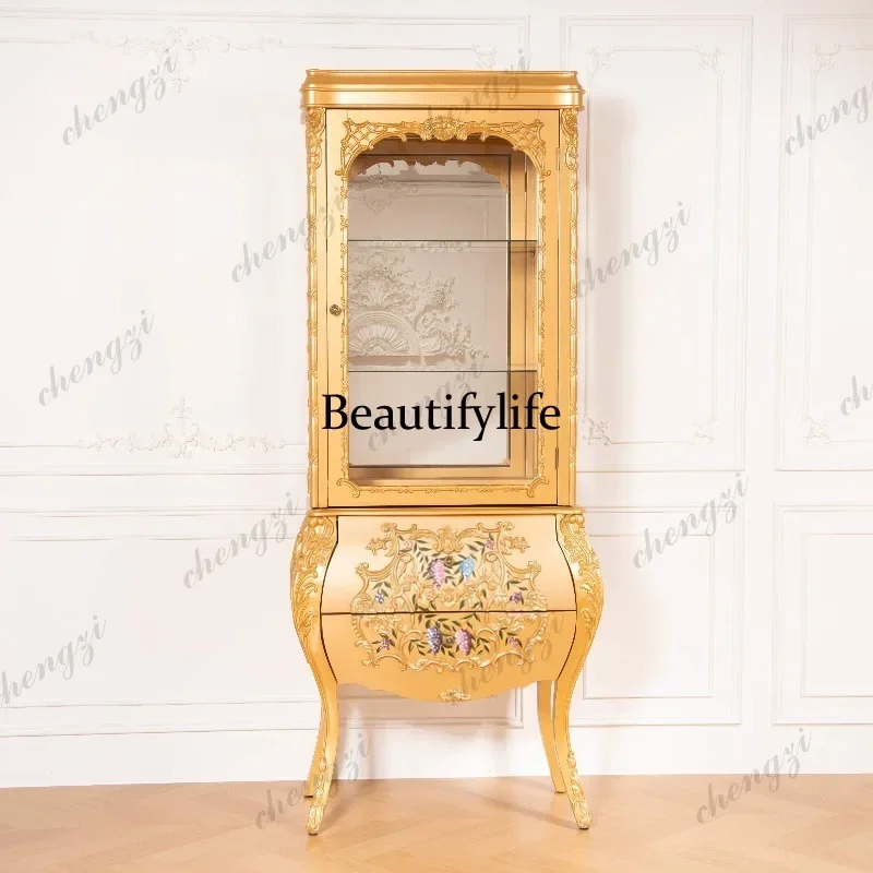 European court gold-painted carved wine cabinet French retro solid wood glass display cabinet jewelry cabinet
