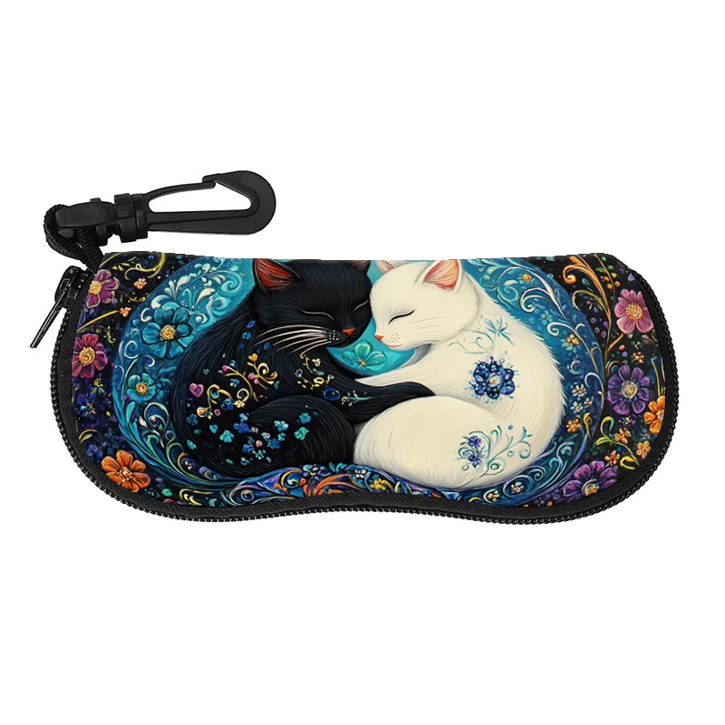 2D Flat - 1pc Cute Cat-Eye Glasses Case with Black White Kitten Floral Pattern - Durable Portable Eyewear Holder with Zipper
