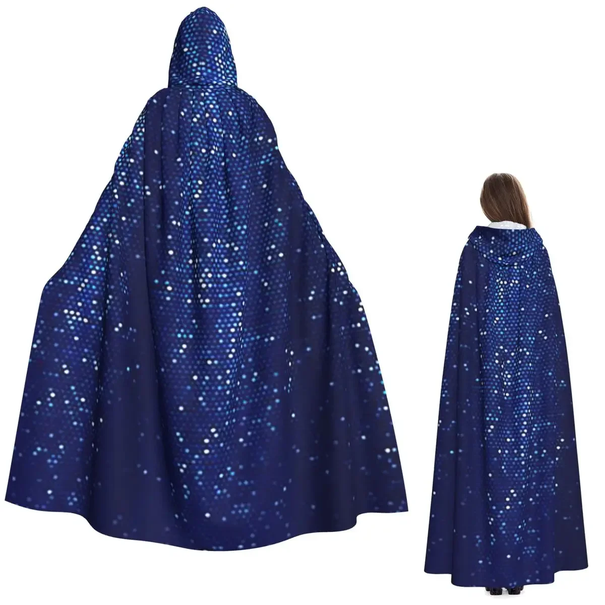 Custom Abstract Cosmic Rain On Blue Blurred Background Long Hooded Cloak Witch Medieval Costume Cosplay Cape HalloweenParty Unis