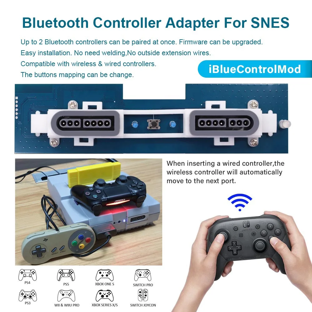 HISPEEDIDO iBlueControlMod Wireless Controller Adapter For SNES Console to PS4 PS5 Switch Pro WII Controller On TV Play Game