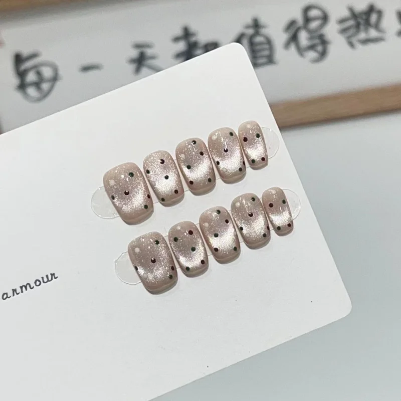 10 pezzi affascinanti unghie finte fatte a mano a pois francesi Squoval Cat Eye unghie artificiali glitter nude per donne e ragazze