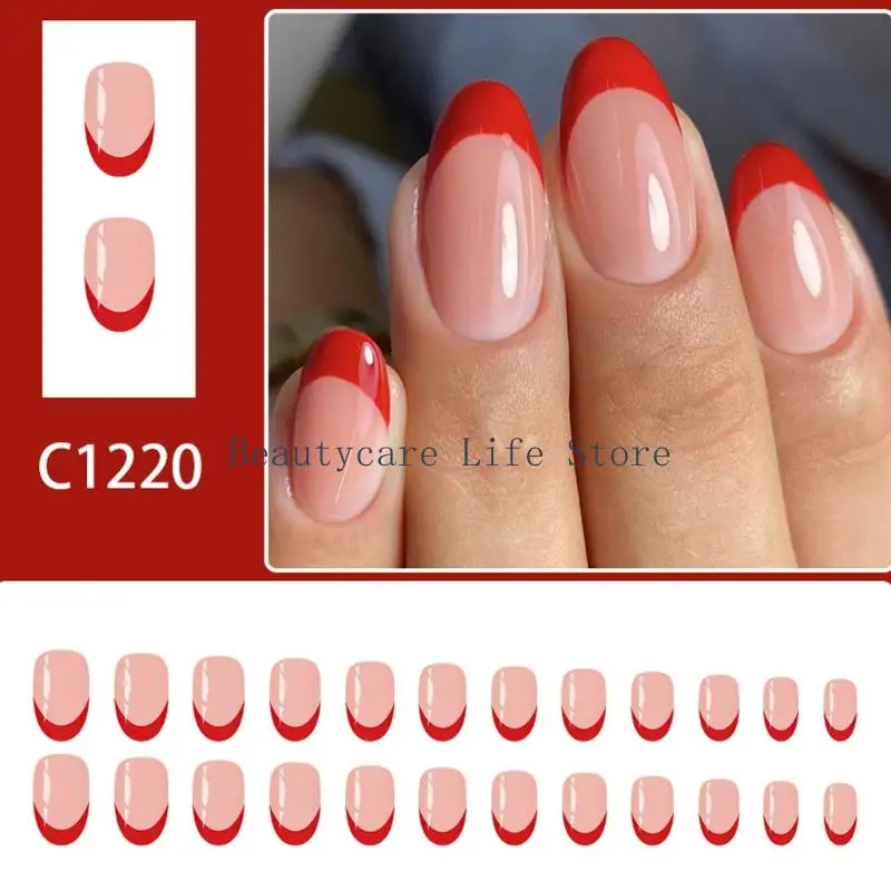 652C Holiday Press On Nail 24Pcs Glossys Red French Design Short Length Sparkles Easy Wear NoGlue Needed