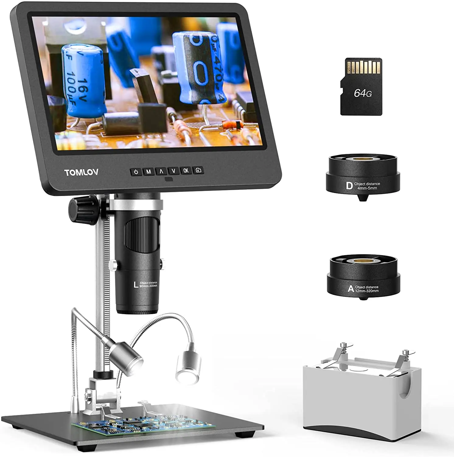 TOMLOV Triple Lens Digital Microscope DM602 LCD Microscope 10.1 inch IPS Screen Soldering Coin Microscope with Lights