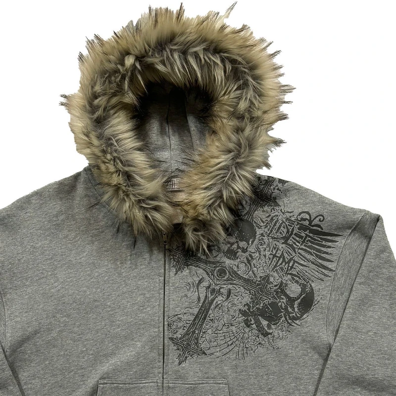 Felpa con cappuccio in peluche stile europeo e americano con cappotto retrò a maniche lunghe con motivo stampato Y2K Street Trend per uomo