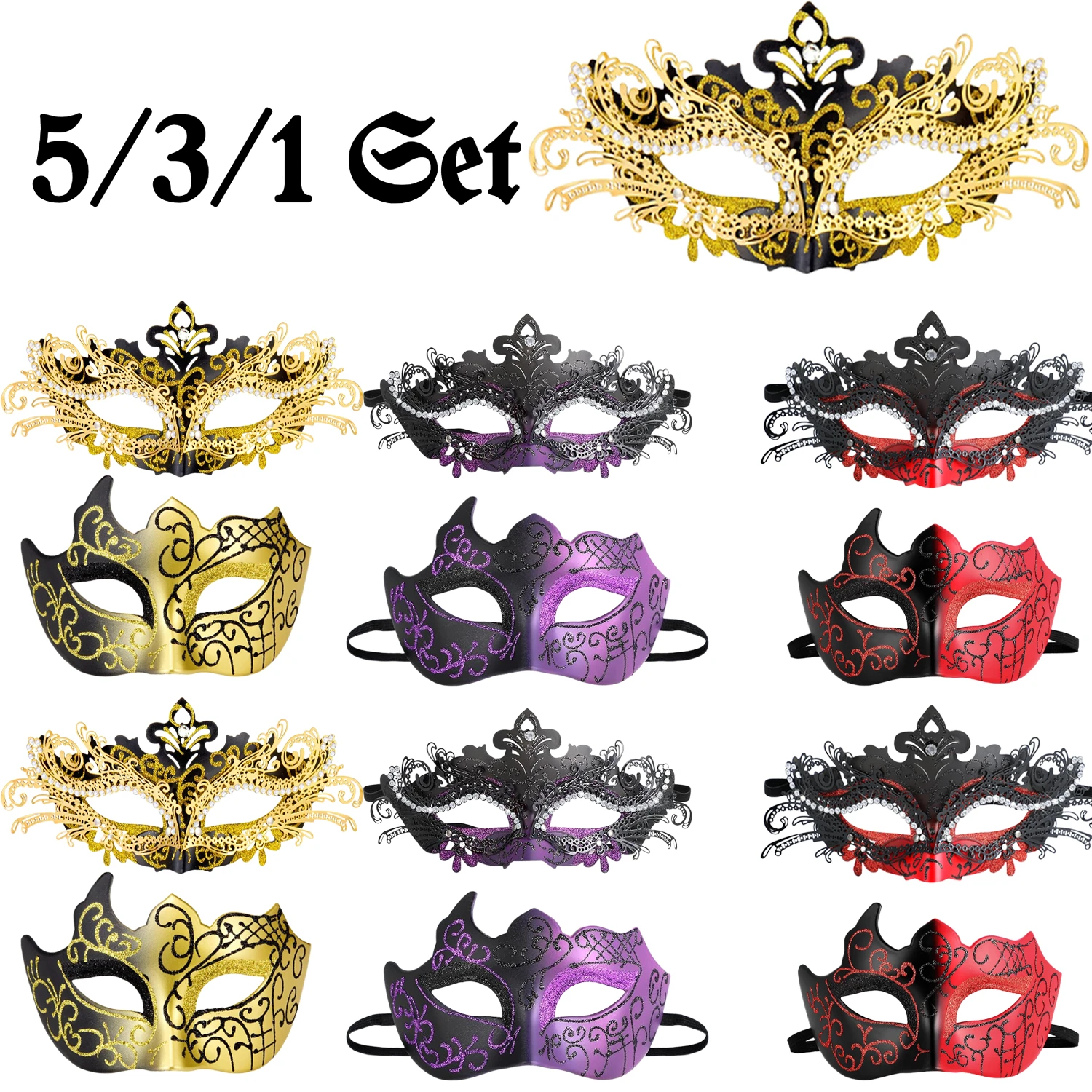 

5-1Set Masquerade Masks for Couples Shiny Rhinestone Metal Filigree Venetian Mask Mens Venetian Mask for Mardi Gras Party Decor