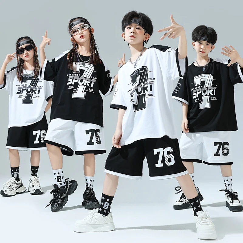 

Children Hip Hop Jazz Dance Outfit Black White Loose Tops T-Shirt Shorts Urban Dance Costume Fashion Clothes Practice Wear 3402