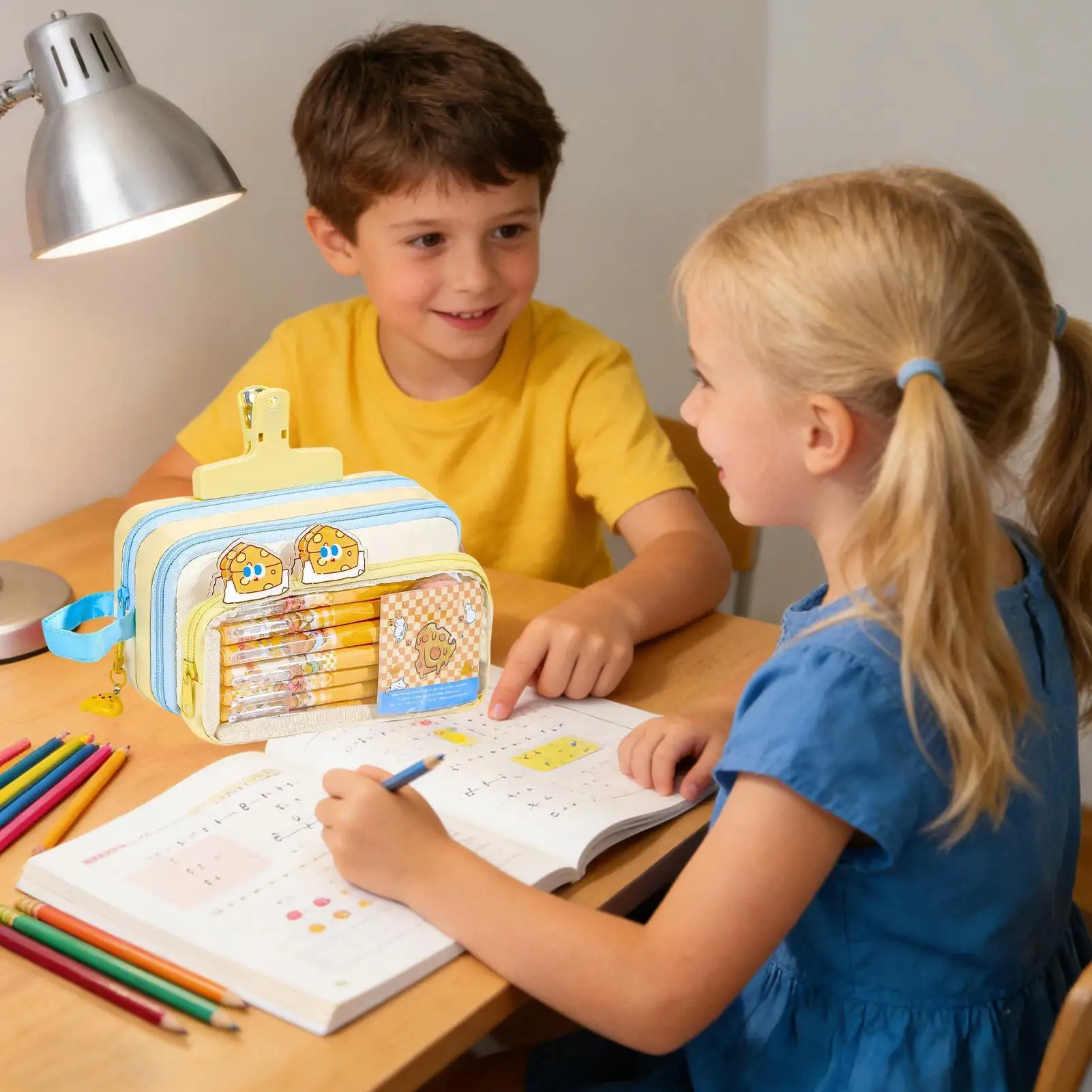 Pencil Case With Supplies Cute Cheese Large Capacity Stationery 30 Pieces Kids School Supplies Set For Home After-Class