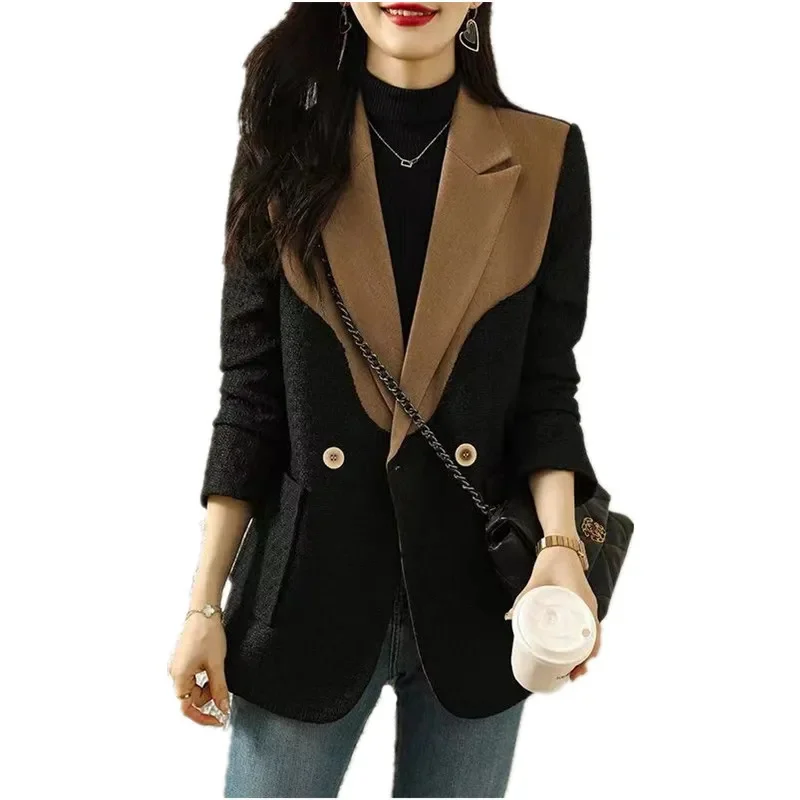 

Spring Autumn Blazer Vintage 2024 New Women's Suit Jacket Mid-Long Contrast Stitching Jackets Fashion Pocket Coat Tops Female