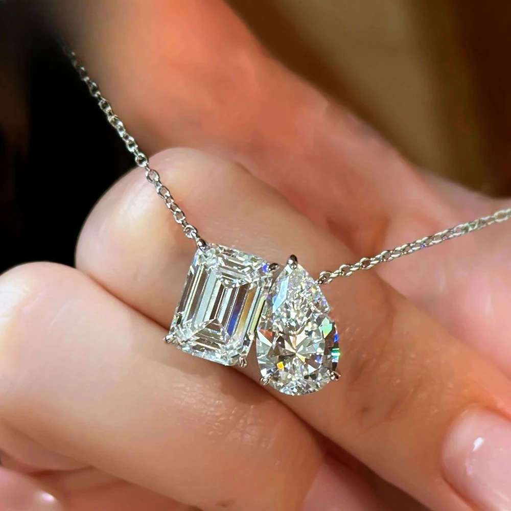 

5cttw Radiant/Emerald Pear Cut Moissanite Diamond Pendant Necklace for Women Certified 925 Silver 2-Stone Clavicle Neckchain