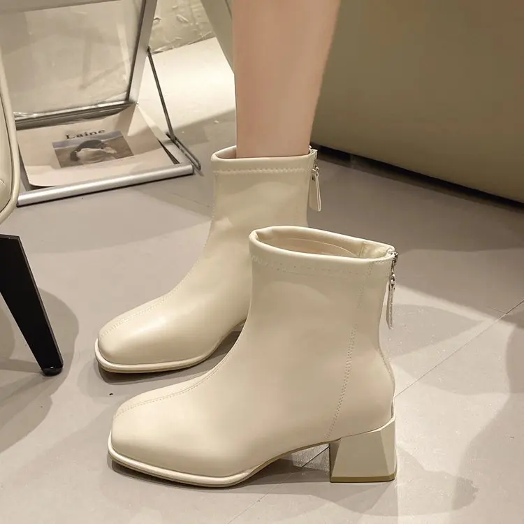 Zapatos botas de invierno señora botas con cremallera trasera-mujeres cremallera 2024 Med goma Rock elegante PU montar Roma tacones de pezuña tela de algodón sólido A