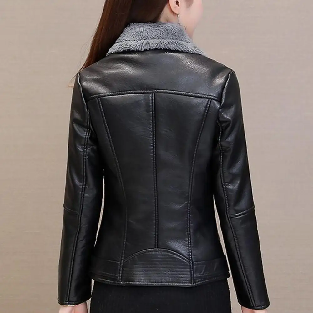 Cosplay Custom Jacket Stylish Fall Winter Women\'s Plush Faux Leather Jacket with Zipper Pockets Warm Slim Fit Cardigan for A