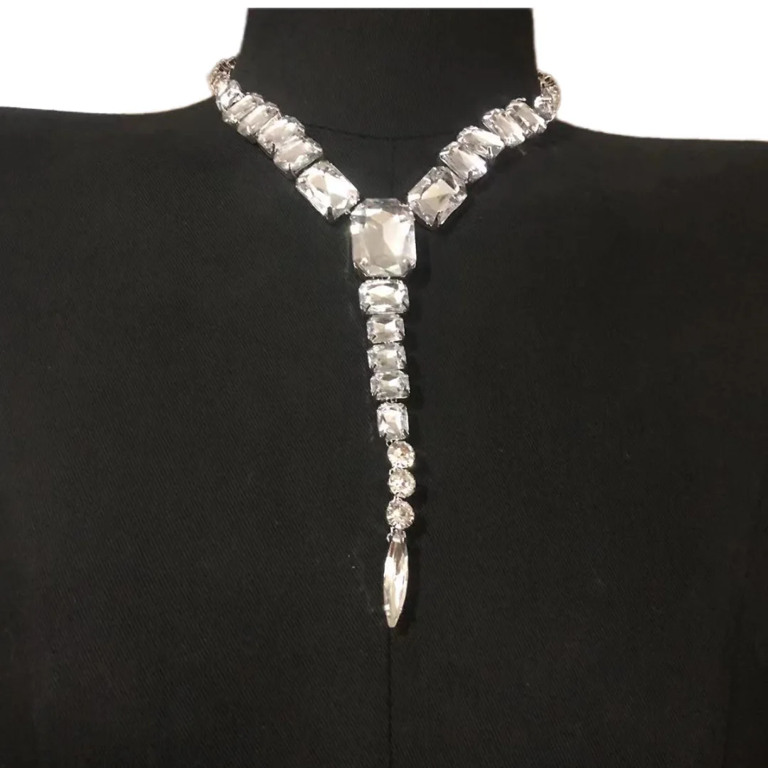 Luxury Women Exaggerate Crystal Large Stone Long Tassel Necklace Wedding Jewelry INS Shiny Rhinestone Pendant Necklace Jewelry