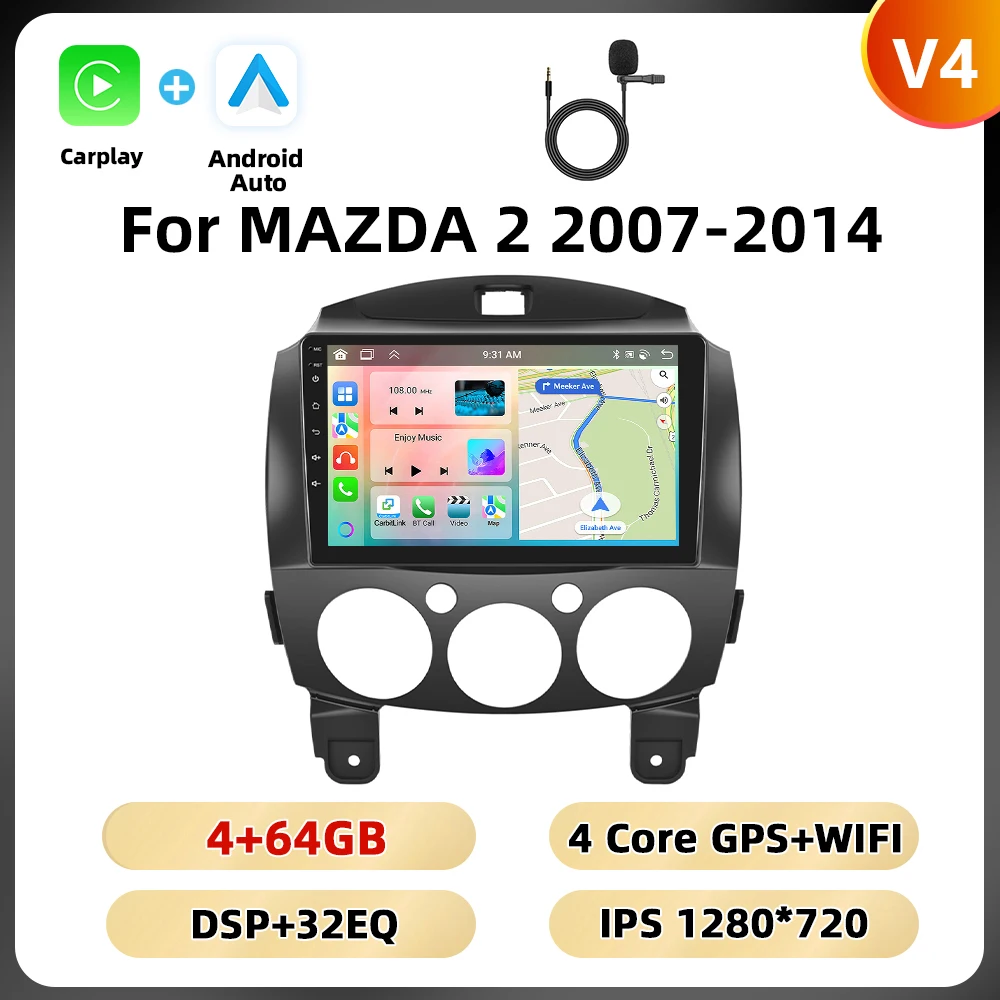 Podofo 9 ''BT RDS Autoradio Voor MAZDA 2 2007-2014 Multimedia Speler Navigatie Carplay Android Auto WIFI 4G AI Voice Autoradio