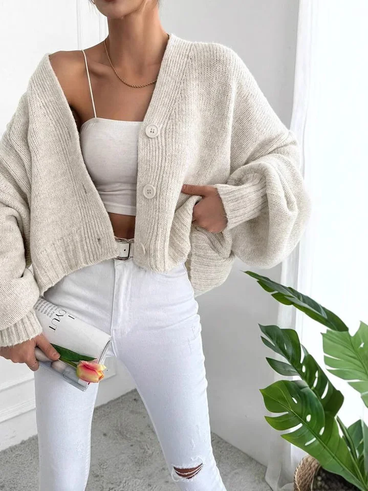 

Women's Casual Loose V-Ne Lantern Sve Knitted Open Cardigan Sweater Autumn Winter Comfortable Soft Acrylic Long Sve Top