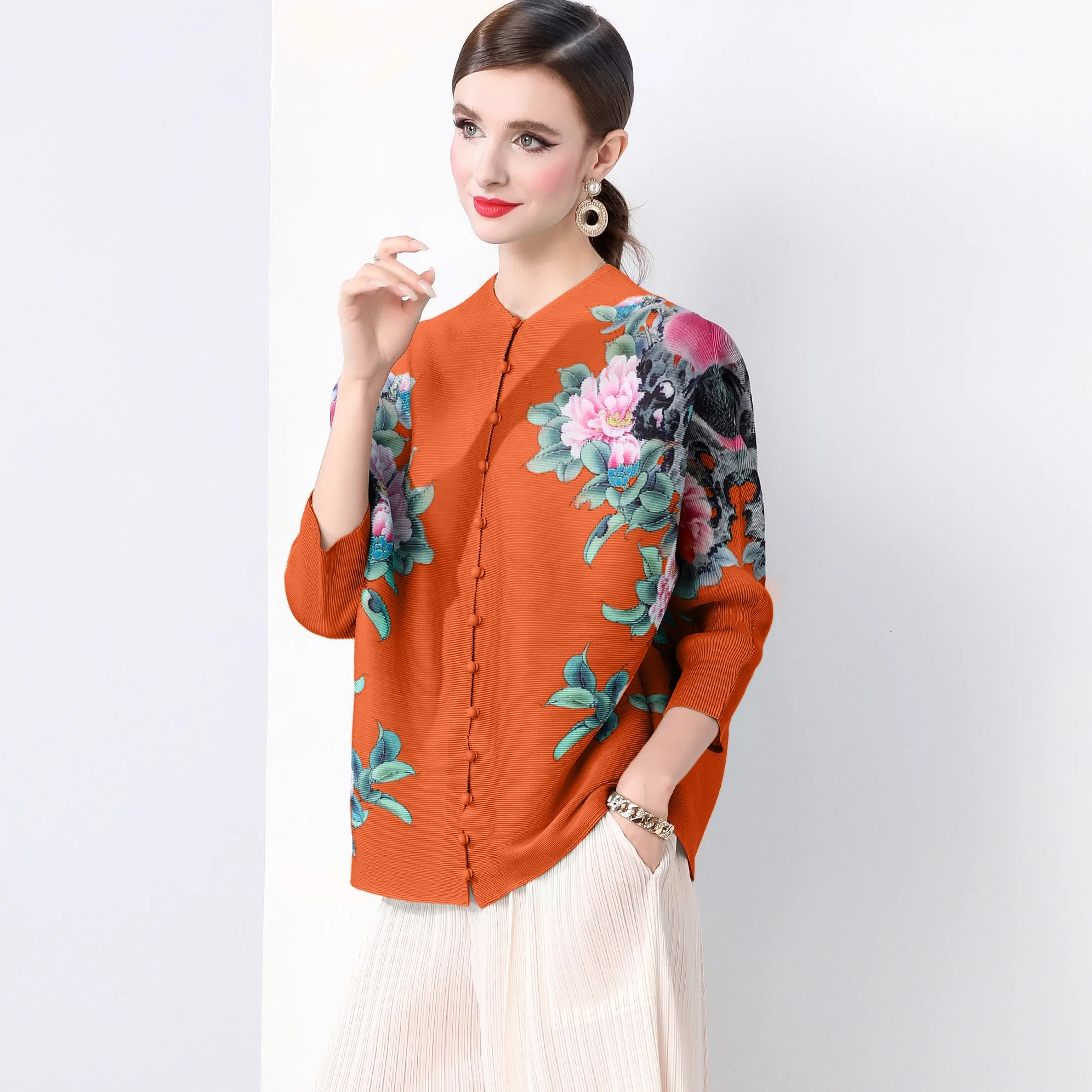 ZJYT Spring New 2025 Floral Print Pleated Loose Shirts & Blouses Women Elegant Camisas O Neck Vintage Casual Tops Female