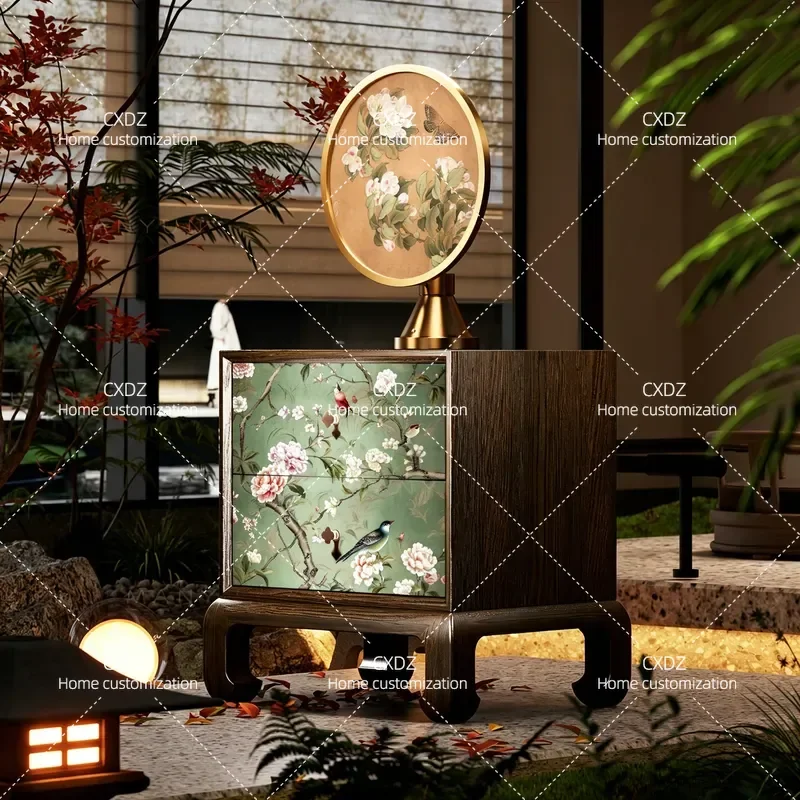 New Chinese Style Solid Wood Bedside Table Aesthetic Flower Pattern Nightstand Bedroom Storage Side Cabinet Vertical Locker