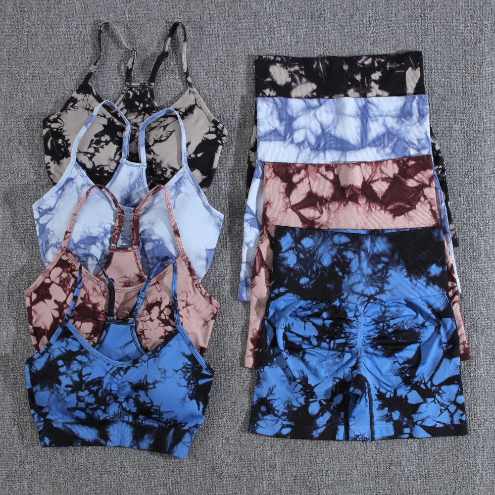 Tie Dye Summer Gym Fitness Shorts Sets Seamless Contrast Color Casual High Waist 2PCS