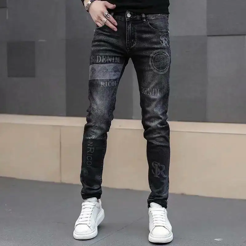 High End Stylish Classic Distinctive Printed Black Stretch Denim Jeans for Men High Quality Slim Fit Stretch Luxury Denim Pants