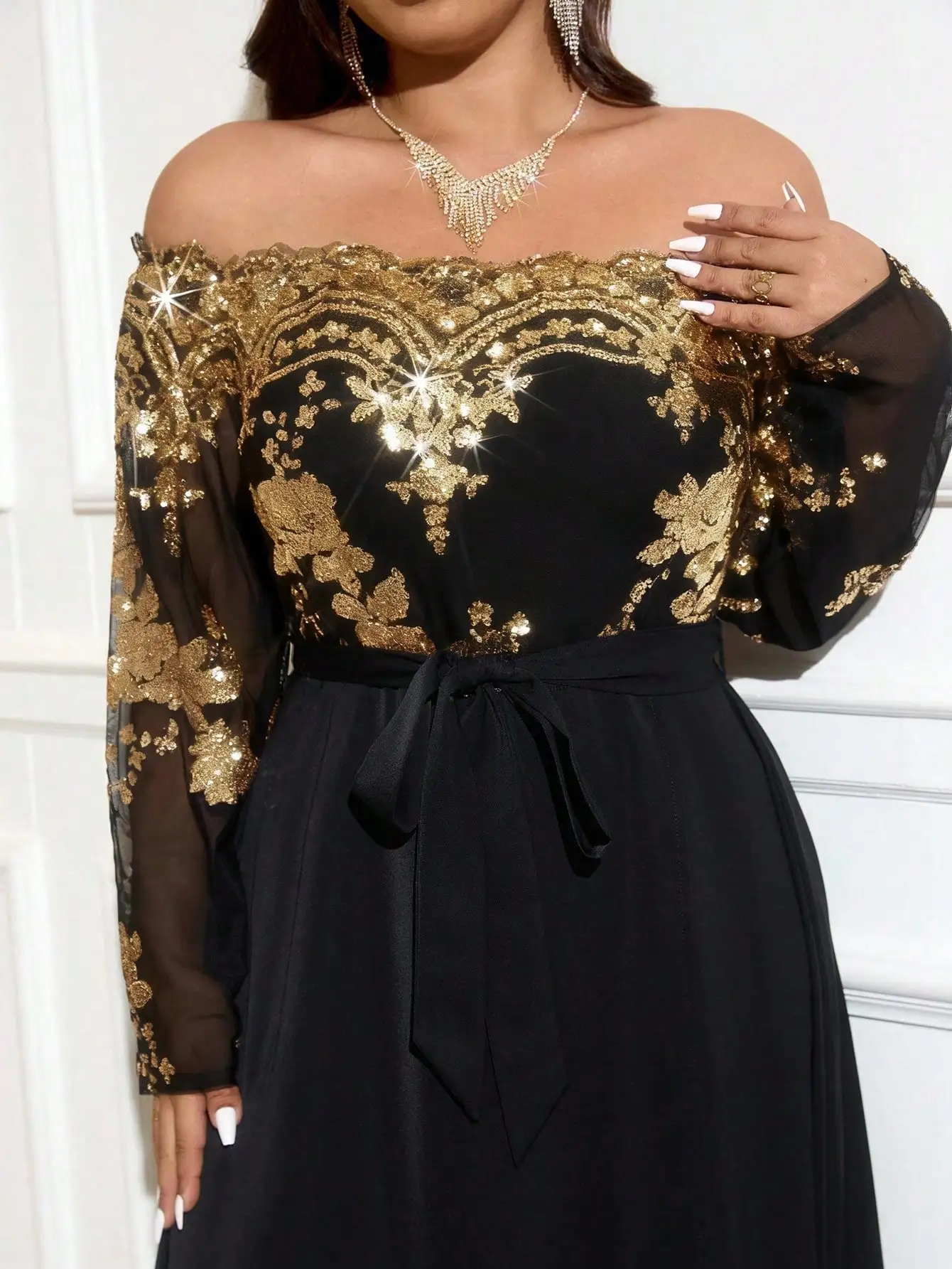 

Elegant Off-Shoulder Sequin Floral Patchwork Party Gown Floor Length