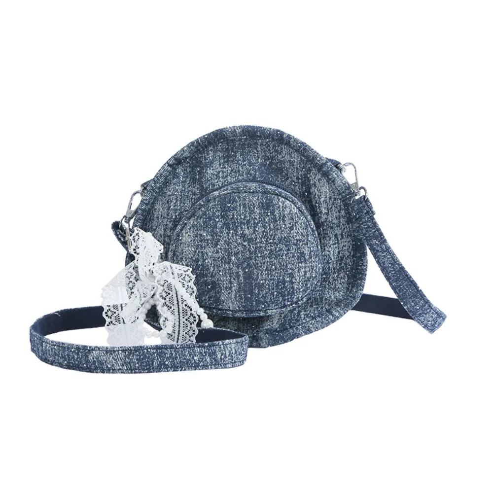 

Portable Vintage Denim Hat Crossbody Bag Bow Large Capacity Denim Canvas Bag Solid Color Casual Jeans Shoulder Bag Women