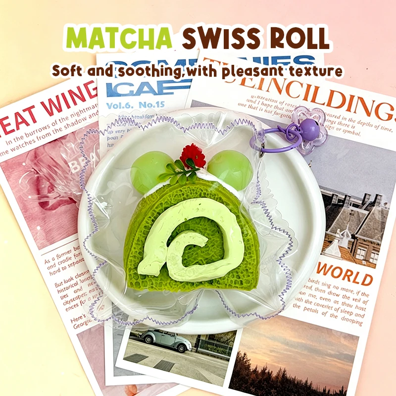 Kawaii Swiss Roll Keychain Soft Mochi Cake Dessert Keyring Stress Relief Food-Grade Silicone Fidget Sensory Pinch Fun for Adult