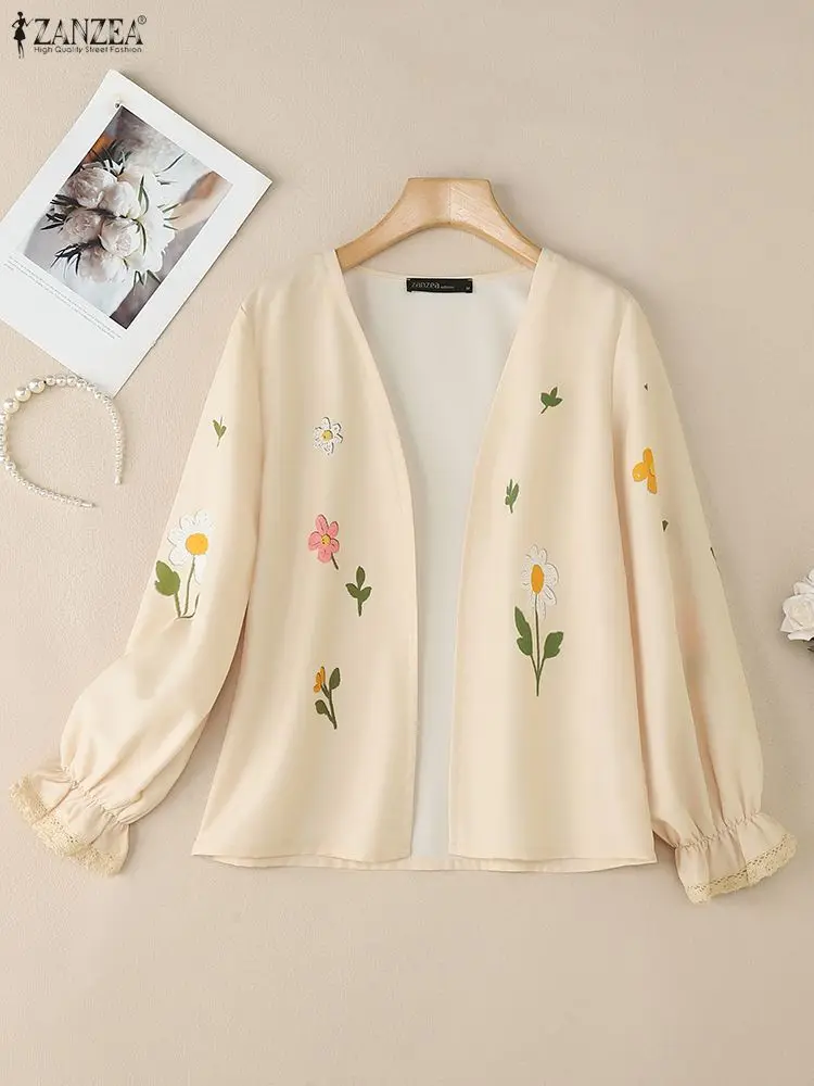 ZANZEA 2025 Autumn Blouse Open Front Cardigans Shirt Women Casual V Neck Long Sleeve Print Cardigan Female Cover Up Kimono Tops