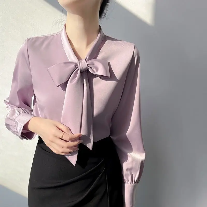 

Ele Silk Satin Bow Tie Long Sve Women's irt Office Wear Outer Top Spring Autumn New Arrival Korean Sle Loose Fit
