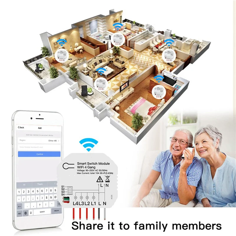 AS95-2X DIY Wifi Smart Light Switch 4 Gang 1/2 Way Module Smart Life/Tuya App Wireless Remote Control Work With Alexa Home