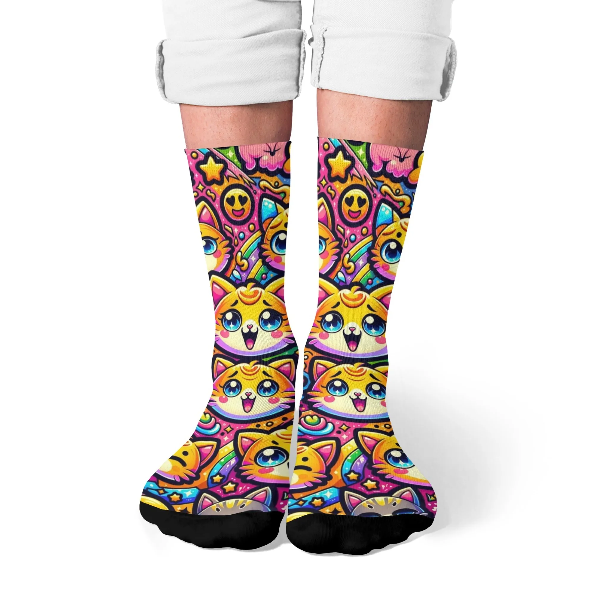 Künstlerische, farbenfrohe, niedliche Cartoon-Katzen-Crew-Socken, Katzen- und Stern-Detail mit niedlichen Tönen, Socken für tägliche Freizeitkleidung und Haustiersammler