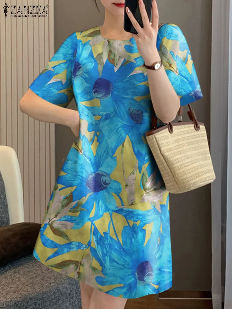 ZANZEA 2024 Summer Cotton Sundress Women Floral Printing Party Dress Vintage Short Sleeve Short Robe Holiday Round Neck Vestidos