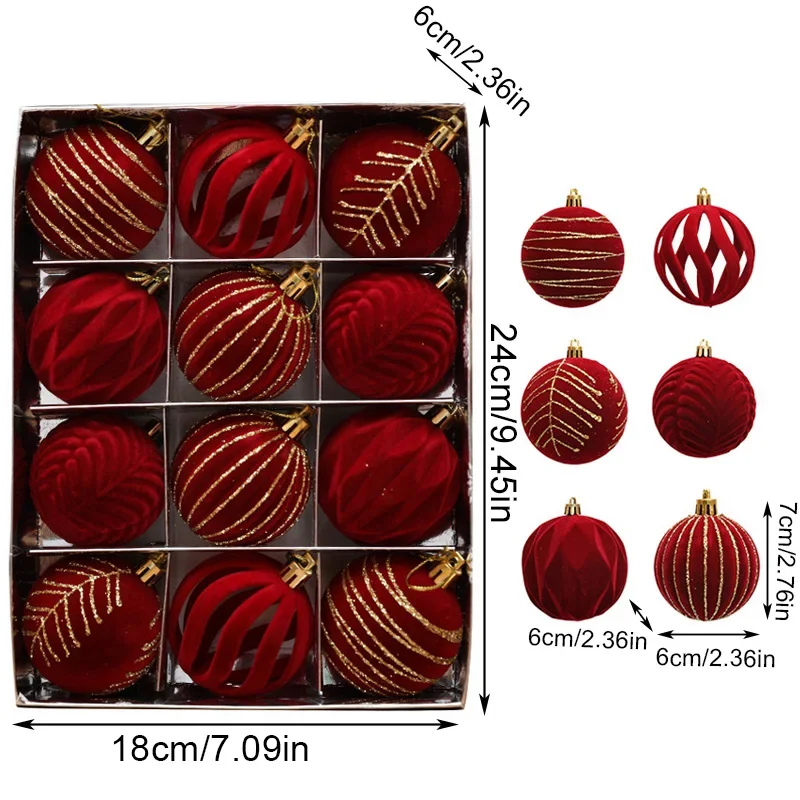 Bolas colgantes de terciopelo para árbol de Navidad, adornos de bolas de Navidad, vino tinto, 12 piezas, decoración de fiesta de año nuevo