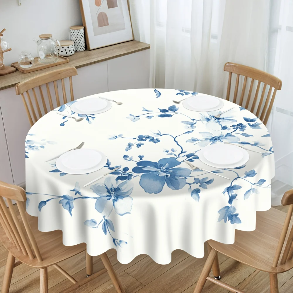 One blue floral-patterned round tablecloth, designed to bring harmony to your dining table.
