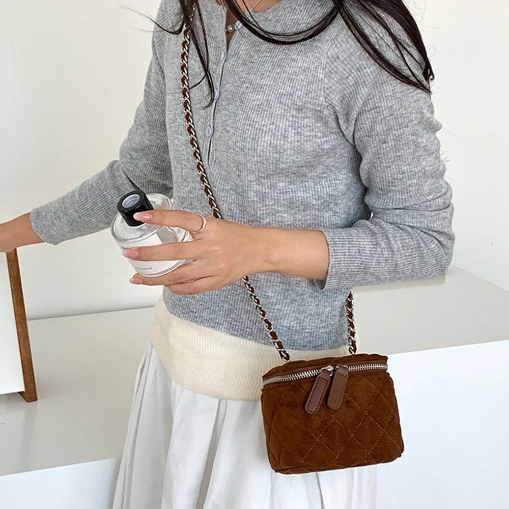 Mini Faux Suede Crossbody Bags for Women 2025 New Luxury Designer Box Bag Lingge Chains Shoulder Bag Lipstick Coins Sling Purse