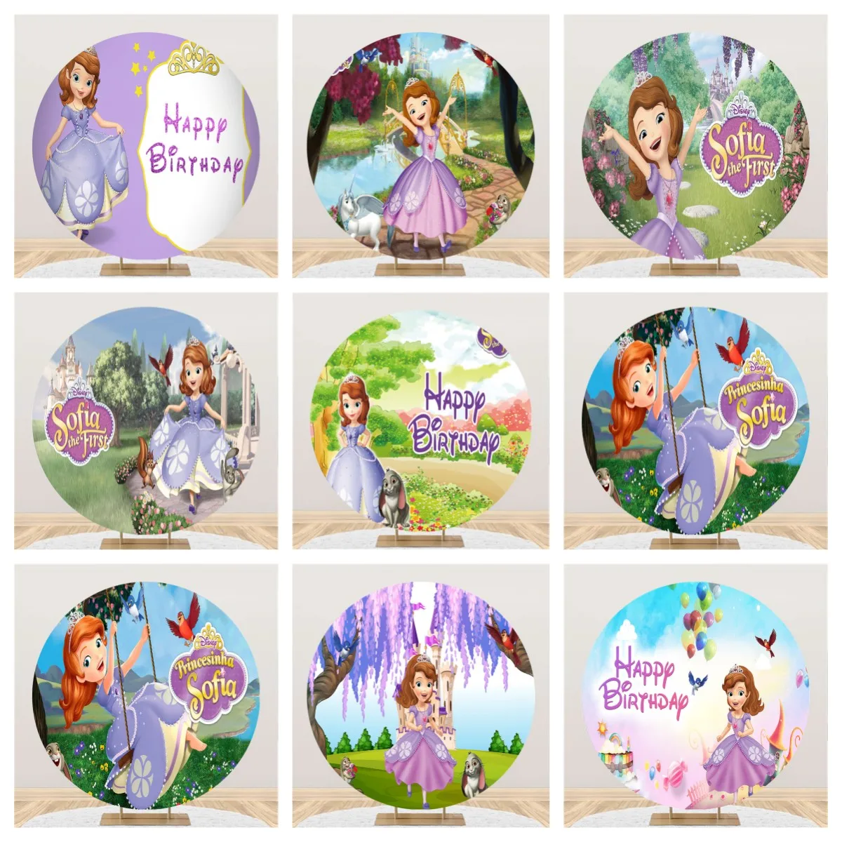 Disney Little Purple Princess Sofia Aurora Cartoon Round Circle Girls Birthday Party Banner Decoration Photography Background