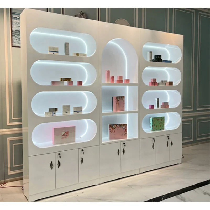 custom.متجر مستحضرات التجميل التصميم الداخلي الأبيض نمط تصميم الخشب رف شاشة العناية بالبشرة متجر جديد صالونات التجميل ديكور المتجر