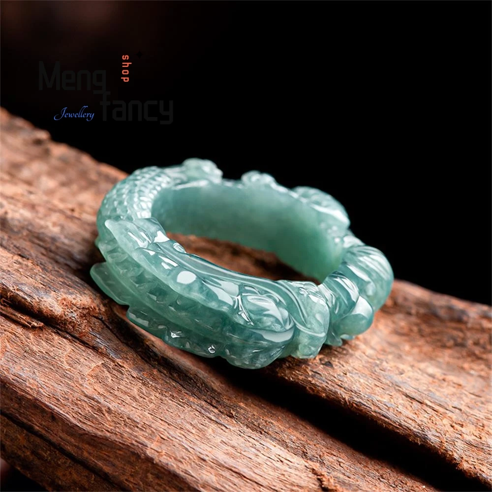 

Jade blue water dragon king ring three-dimensional carved ice jade jade ring dragon finger ring