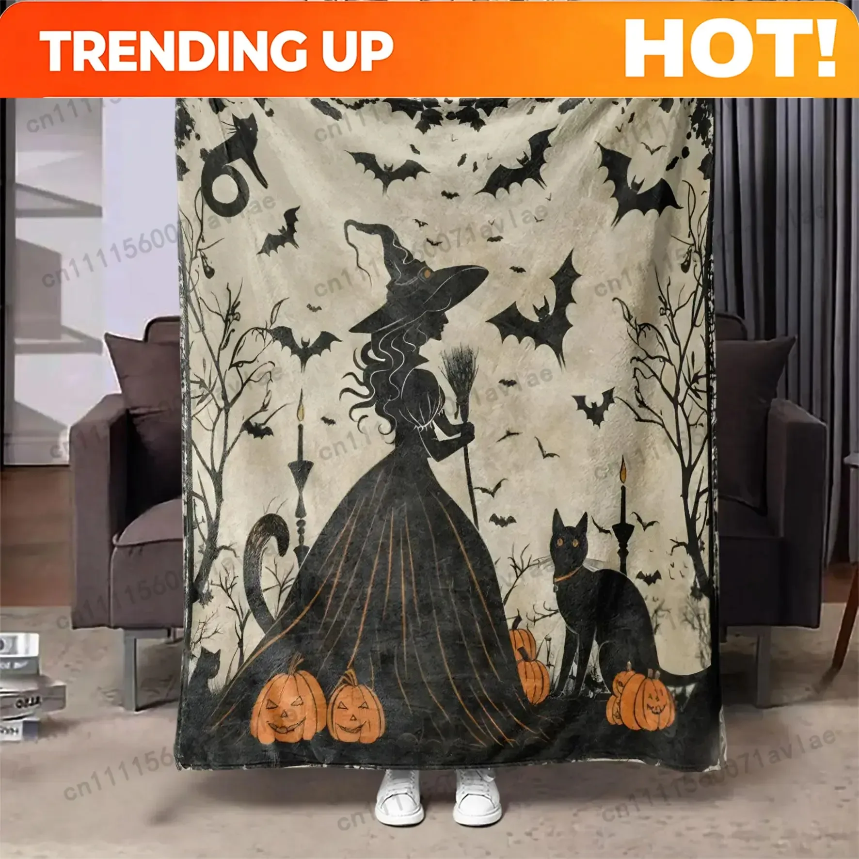 Customize Cartoon Themed Decorative Giftable Blankets, 1 Count Witch and Black Cat Pattern Soft Cozy Throw Blanket, Air-conditio