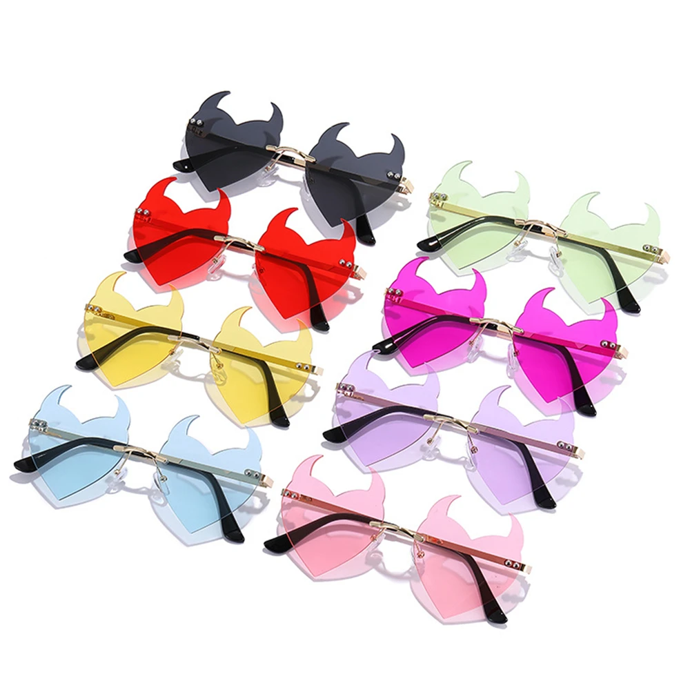 UV Protection Party Cosplay Glasses Halloween Decoration Fashion Glasses Rock Horn Rimless Sunglasses Devil Ear Heart Shape