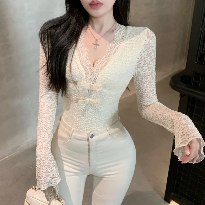 Women Clothing Autumn Winter Korean Sexy V Neck Lace Club T Shirt Sweet Chic Bow Slim Tees Elegant Solid Long Sleeve Fairy Tops