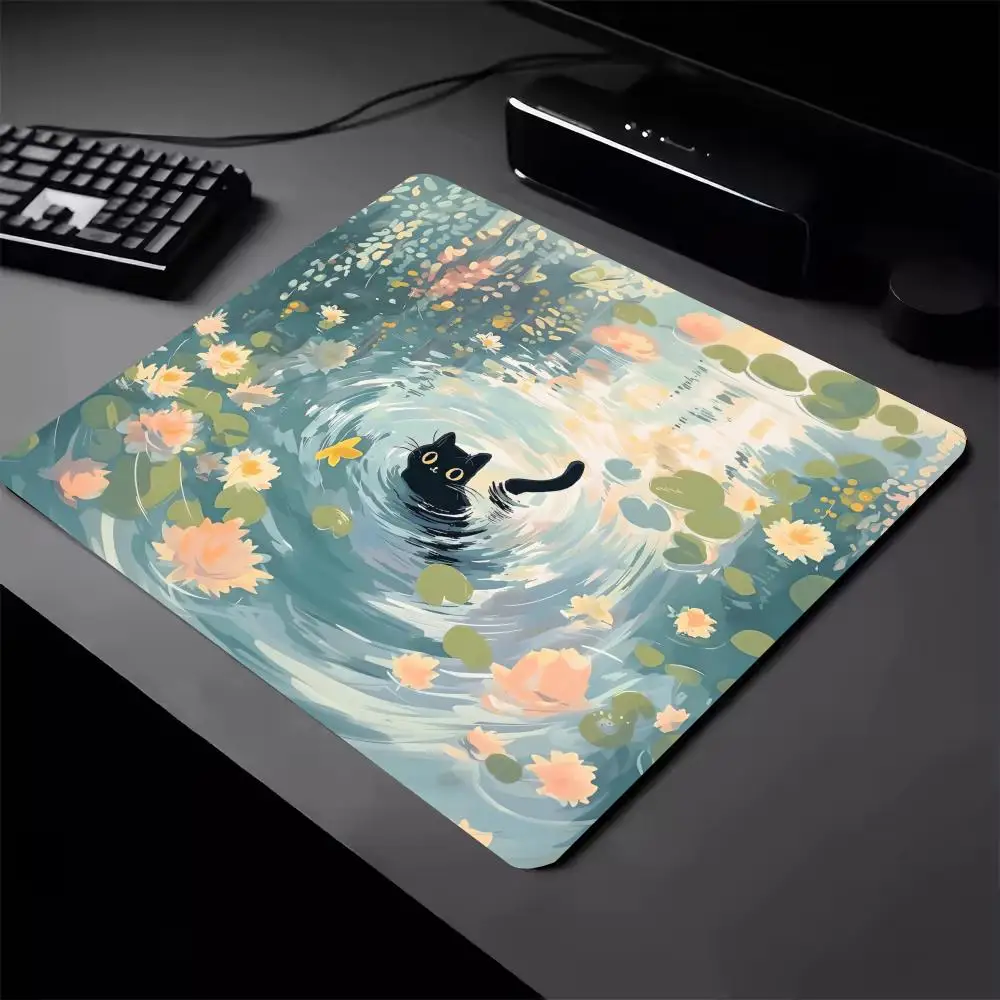Cute black cat and lotus flower Mouse Pad Square Computer Office Game Table Mats Rubber Anti-slip Mousepad Small Decor Desk Pads