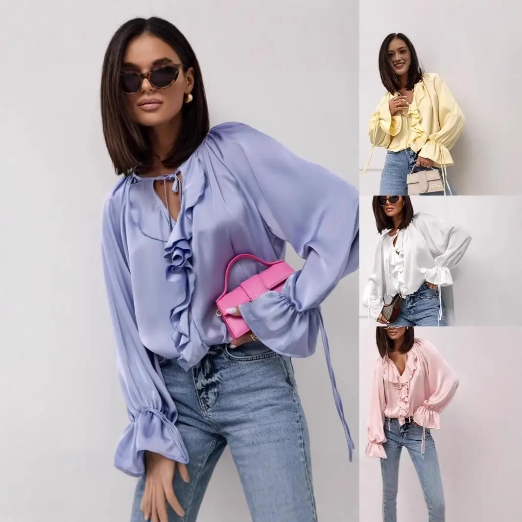

Women's Flared Sleeve Shirt Ruffle Tied Waistline Long Sleeve Polyester Spring 2025 Fashion European Style Silk Luster