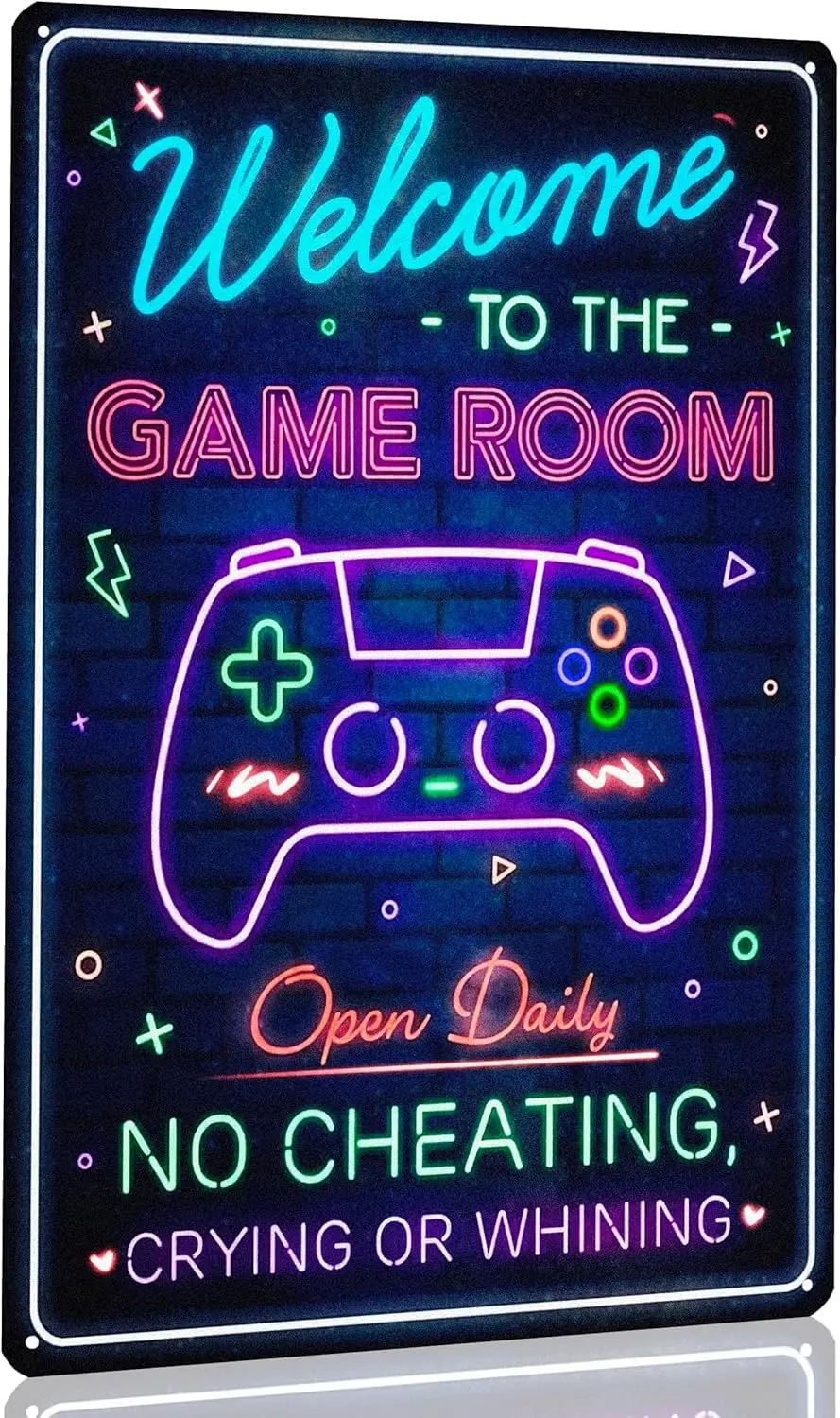 Funny Rinted Neon Gaming Metal Poster for Gaming Room Wall Door Decor for Teen Boy Boyfriend Welcome To The Game Room Sign 8 x 1