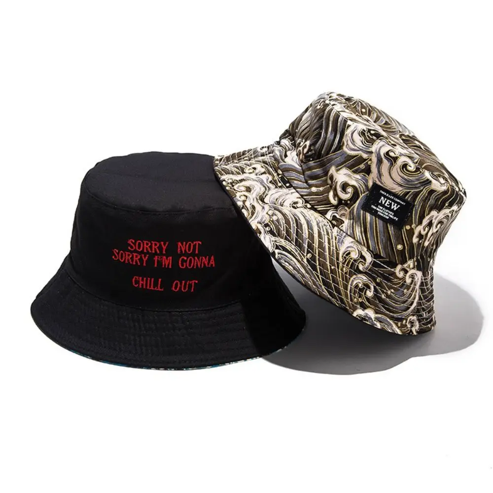 Trendy Packable Reversible Bucket Hat Sea Waves Pattern UV Protection Sun Hat Durable Lightweight Beach Cap For Men Women