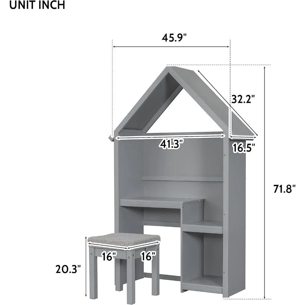 مكتب أطفال، طاولة على شكل منزل مع مقعد وسادة قابل للفصل ورف تخزين لغرفة النوم، مجموعة مكتب وكرسي للأطفال