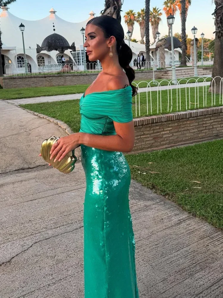 ชุดเดรสผู้หญิงแขนกุดประดับเลื่อมจีบระบาย สีเขียวหรูหรา เปิดไหล่ สายเดี่ยว สำหรับงานกลางคืนหรืองานปาร์ตี้